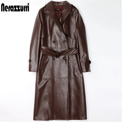 Nerazzurri Primavera Marrom Longo Preto Falso Couro Trench Coat Para