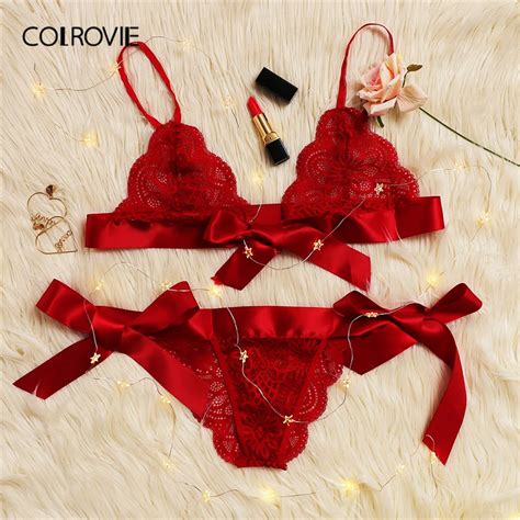 Sale COLROVIE Red Christmas Scalloped Trim Tie Side Sexy Lingerie Set