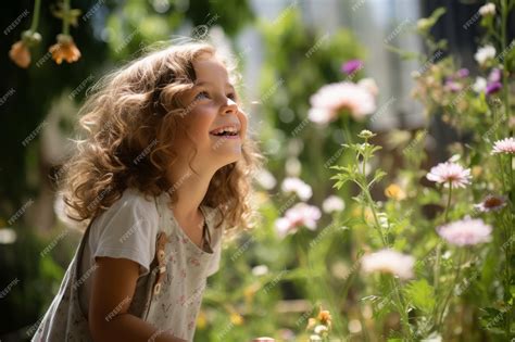 Premium Photo | Little girl smiling in a field of flowers