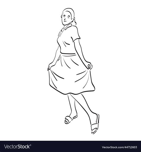 Line art woman holding her skirt hand Royalty Free Vector