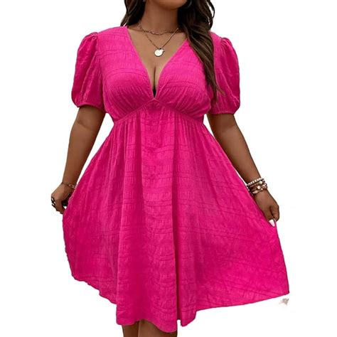 Women S Casual Plain A Line Deep V Neck Hot Pink Short Sleeve Plus Size Dresses 4xl