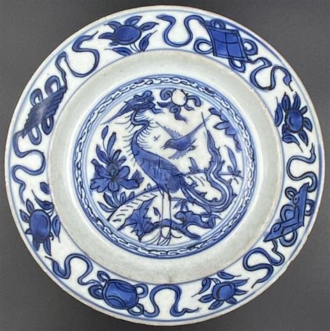 Blue And White Porcelain Plate With A Crane China Ming Dynasty 1368