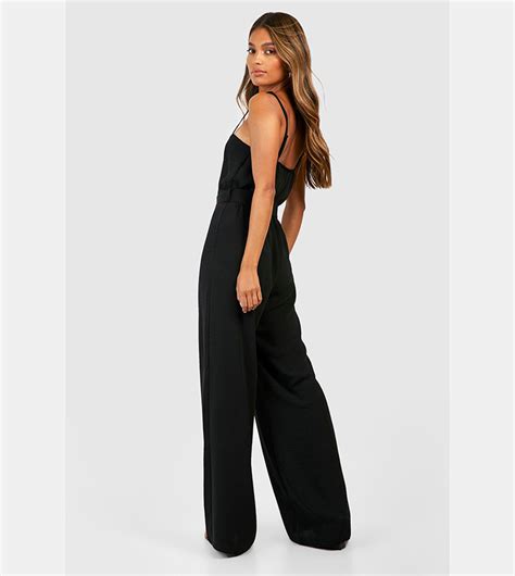 Buy Boohoo Linen Look Belted Wide Leg Jumpsuit In Black Thstreet