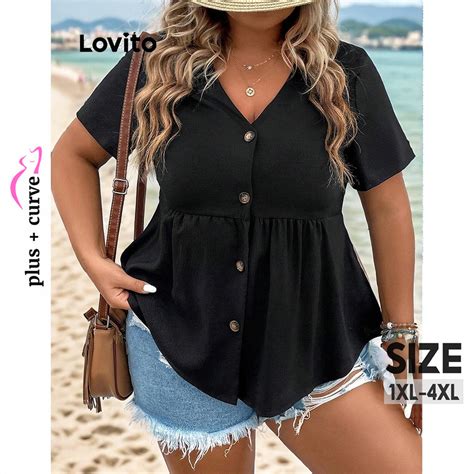 Lovito Plus Size Curve Casual Plain Button Front Blouse For Women