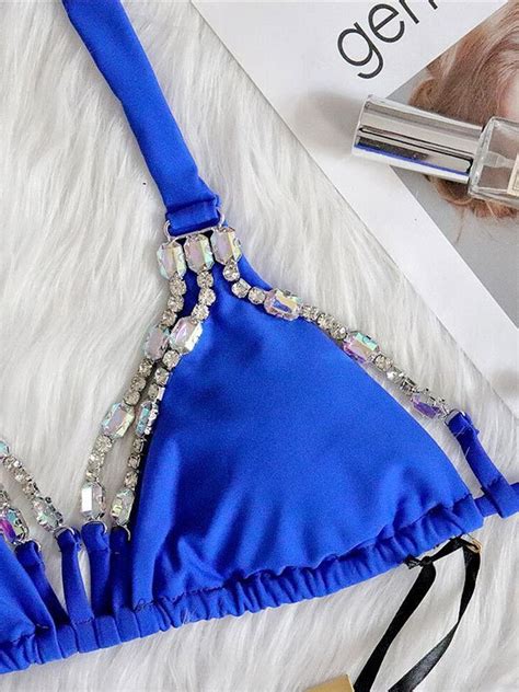 Emmiol Free Shipping Rhinestone Decor Halter Bikini Set Blue L In