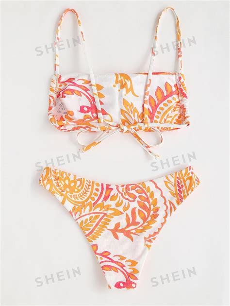 Shein Swim Bohofeel Random Plant Print Bikini Set Tie Back Wireless Bra