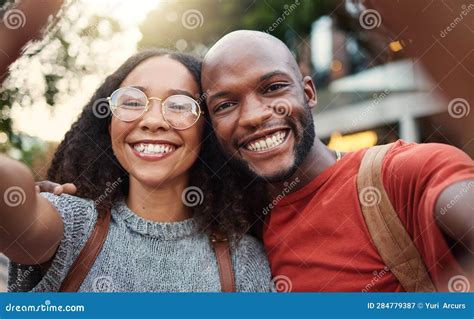 Selfie Love And Smile With An Interracial Couple In The City Together