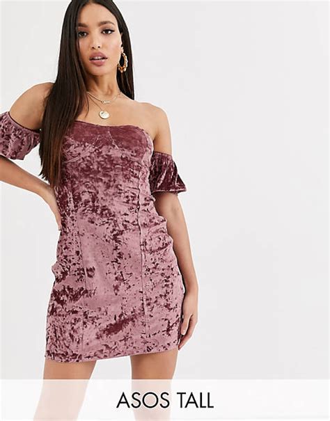 Asos Design Tall Schulterfreies Minikleid Aus Samt In Mauve Asos