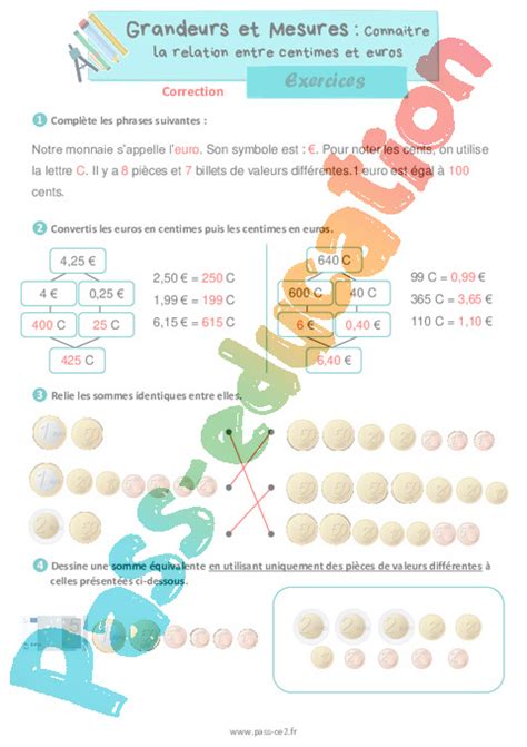 Connaitre La Relation Entre Centimes Et Euros Exercices De Grandeurs