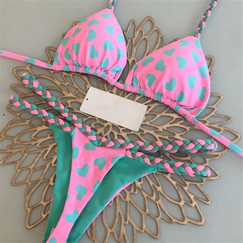 Costume Da Bagno Donna Bikini A Vita Alta Con Stampa A Cuore Costumi Da