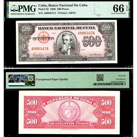 Vintage Cuba Paper Money 1950 Cuba 500 Pesos Note Pmg 66 Banknote