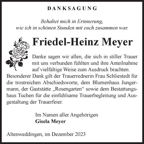 Traueranzeigen Von Friedel Heinz Meyer Abschied Nehmen De