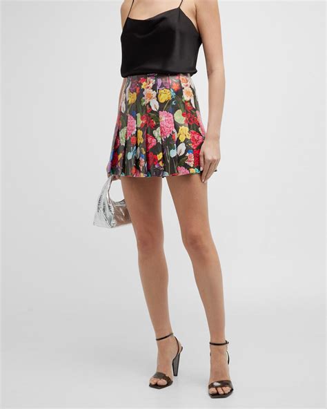 Alice Olivia Carter Floral Vegan Leather Pleated Mini Skirt