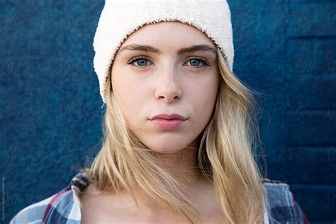 "Pretty Teen Girl With Long Blonde Hair Wearing A White Beanie" by ...