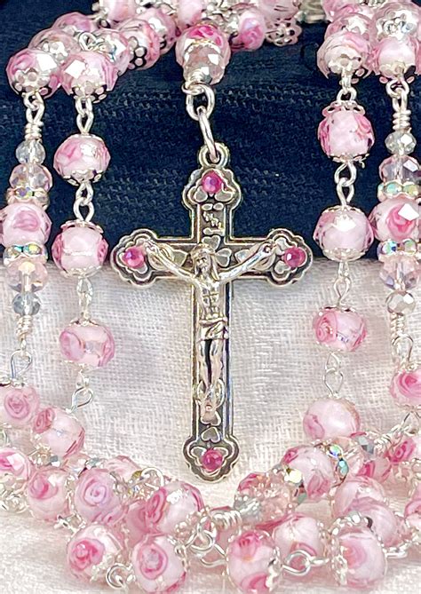 ROSEBUD PINK CRYSTAL Rosary Catholic Wedding Aurora Borealis Lampwork