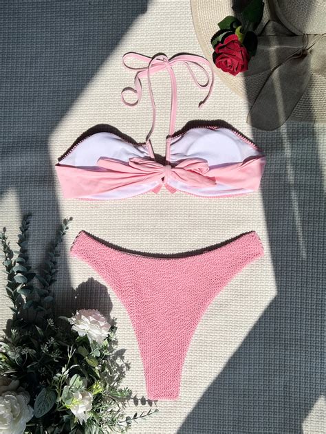 2022 Micro Bikini Cross Neck Low Waist 2 Piece Swimsuit Pink Hot Girl Swimwear Sexy Micro Bikini