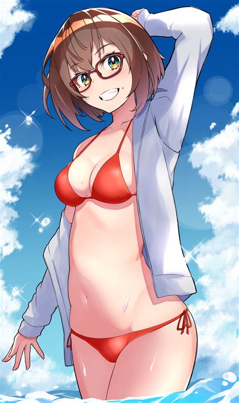 Akitoh Shino Original Highres Girl Arm Up Bikini Bikini Day Breasts Brown Hair Cloud