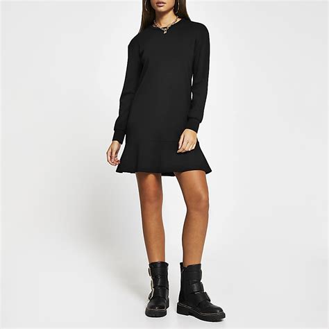 Black Frill Hem Long Sleeve Mini Dress River Island