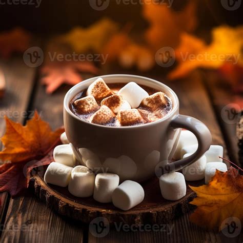 Cozy Autumn Scene With Hot Chocolate Topped With Melting Marshmallows In White Mug AI Generative