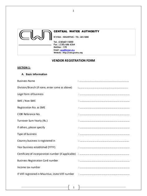 Fillable Online Cwa Govmu Vendor Registration Form Central Water