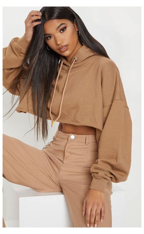 Camel Drop Shoulder Oversized Crop Hoodie Oversized Cropped Hoodie