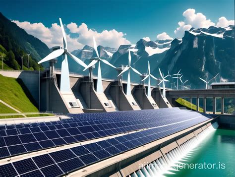 Futuristic Hydroelectric Dam With Solar Panels And Wind Turbines In