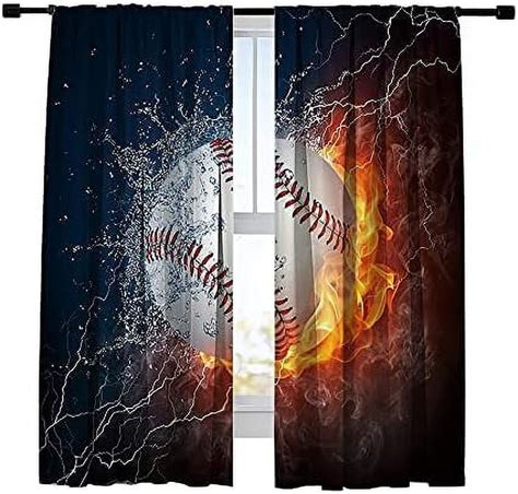 Room Darkening Blackout Curtains For Bedroom Baseball Ball In Fire And