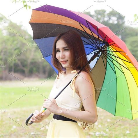 Woman Holding Multicolored Umbrella Poses Umbrella Photo Pose Reference