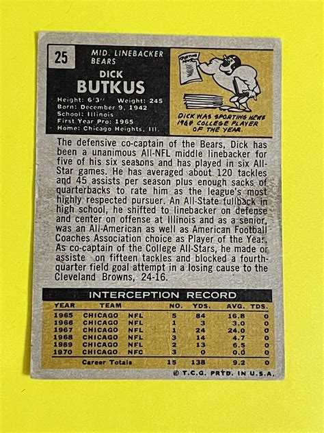 1971 Topps Dick Butkus 25 Bears VG EX Off Center EBay