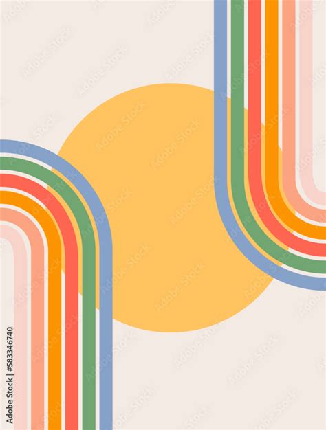 Trendy abstract aesthetic rainbow background. Mid century wall decor in ...