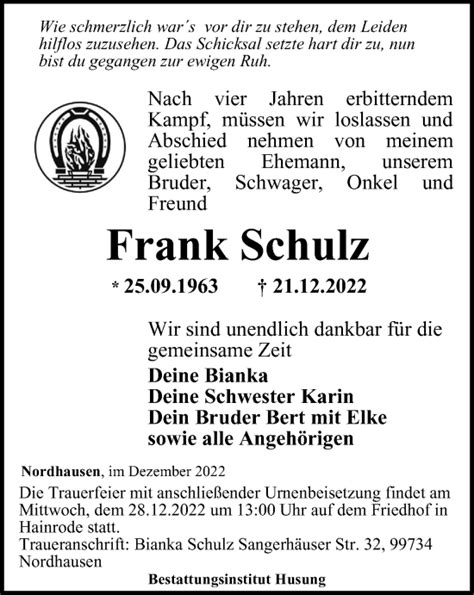 Traueranzeigen Von Frank Schulz Trauer In Thueringen De