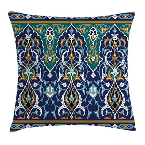 Blue Mustard Moroccan Throw Pillow Case Ethnic Oriental Figure Petals