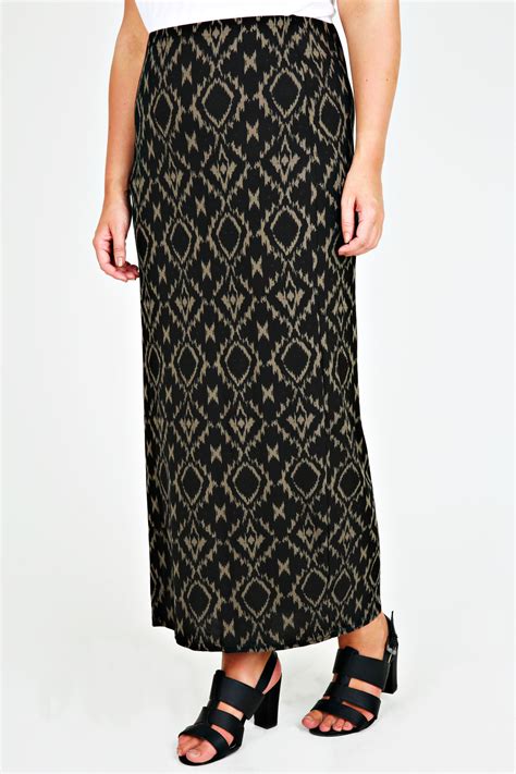 Black And Khaki Aztec Print Maxi Tube Skirt Plus Size 14 To 32