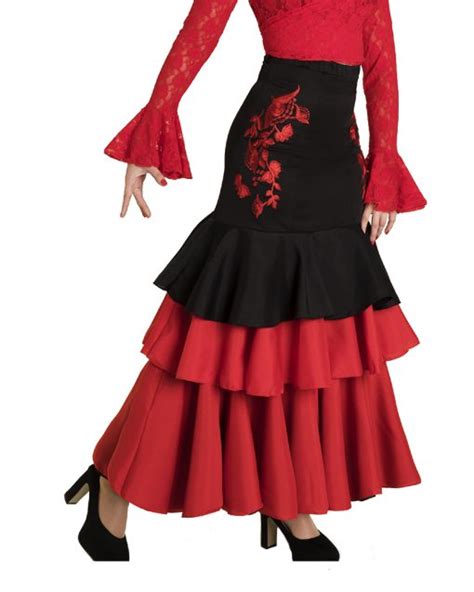 Falda Flamenca Negra Con 2 Volantes Rojos Y Con Flor Bordada Roja En La