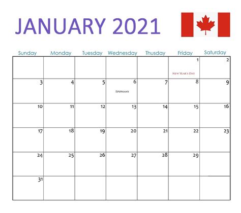 2021 Free Printable Calendar Canada