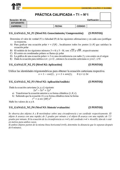 Pr Ctica Calificada T N Geometr A Anal Tica Y Lgebra Pr Ctica