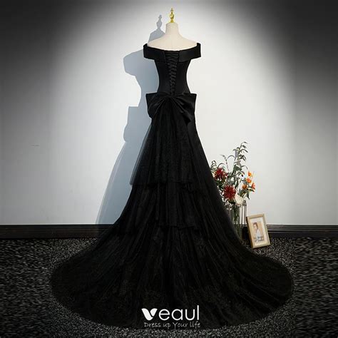 Chic / Beautiful Black Satin Evening Dresses 2023 Trumpet / Mermaid Off-The-Shoulder Short ...