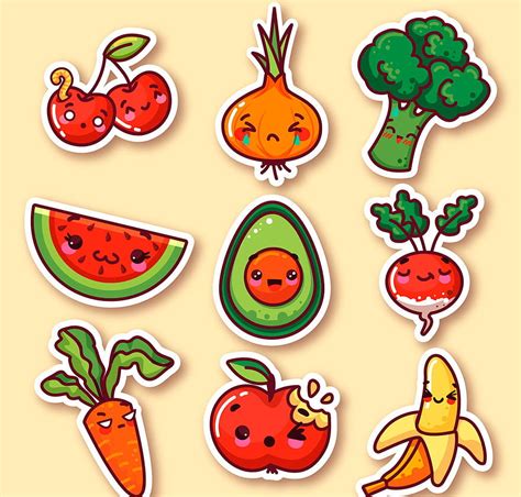 9 Cute Vegetables And Fruit Stickers Vector Ai Uidownload