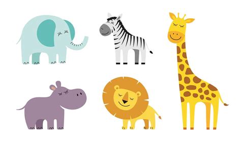 Cute Cartoon Style Giraffe Elephant Lion Zebra And Hippo Drawing