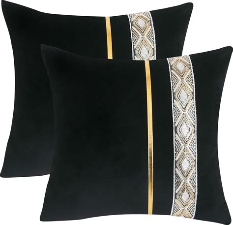 Tosleo Black Velvet Throw Pillow Covers 18x18 Inch Pack Of 2 With Gold Leather