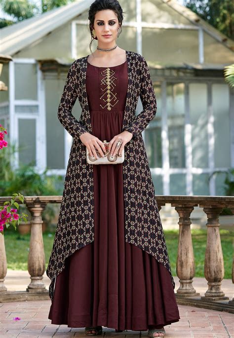 Brown Shade Silk Digital Printed Jacket Style Long Gown One