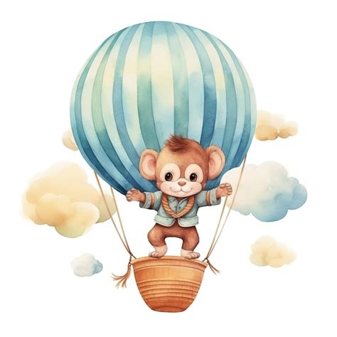 Premium Photo Whimsical Baby Monkey In Hot Air Balloon Watercolor