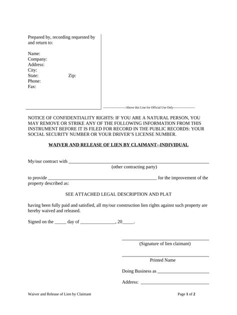 Waiver And Release Of Lien By Claimant Mechanics Liens Individual Texas