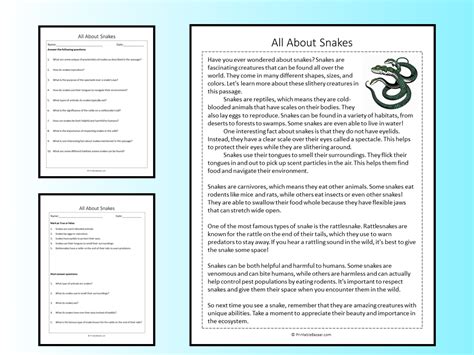 All About Snakes Reading Comprehension Passage Printable Worksheet