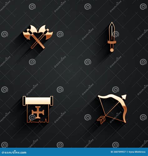 Set Crossed Medieval Axes Medieval Sword Crusade And Bow And Arrow Icon With Long Shadow