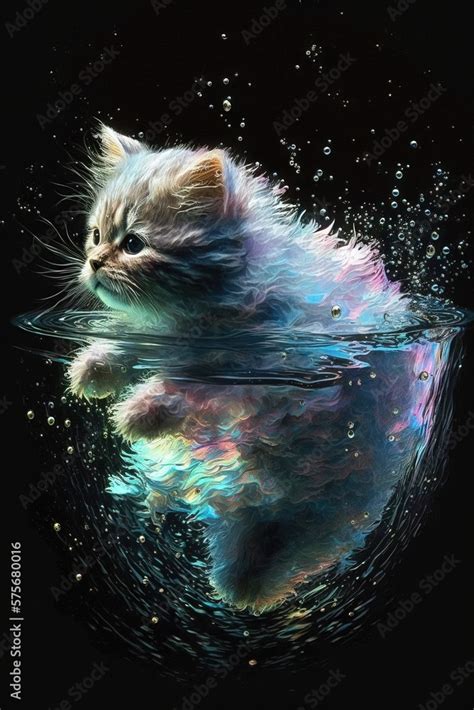 Peinture à l aquarelle au néon d un magnifique chaton moelleux flottant