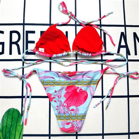 Versace Designer Hibiscus String Bikini Red Beach Babe Bikini
