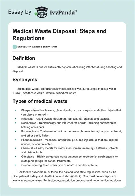 Medical Waste Disposal: Steps and Regulations - 601 Words | Case Study Example