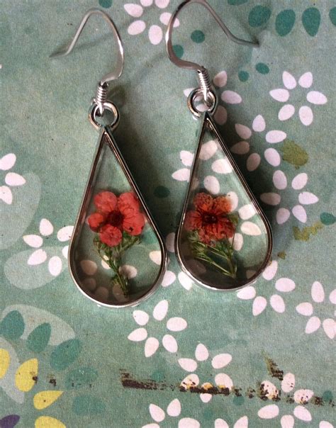 Teardrop Earrings Dried Flower Earrings Pressed Flower Boho Etsy