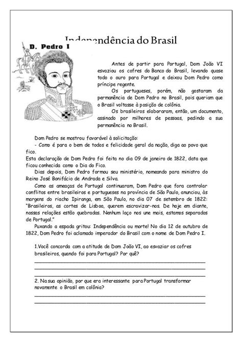 Texto Independencia Do Brasil - Texto e atividades sobre Independência do Brasil.